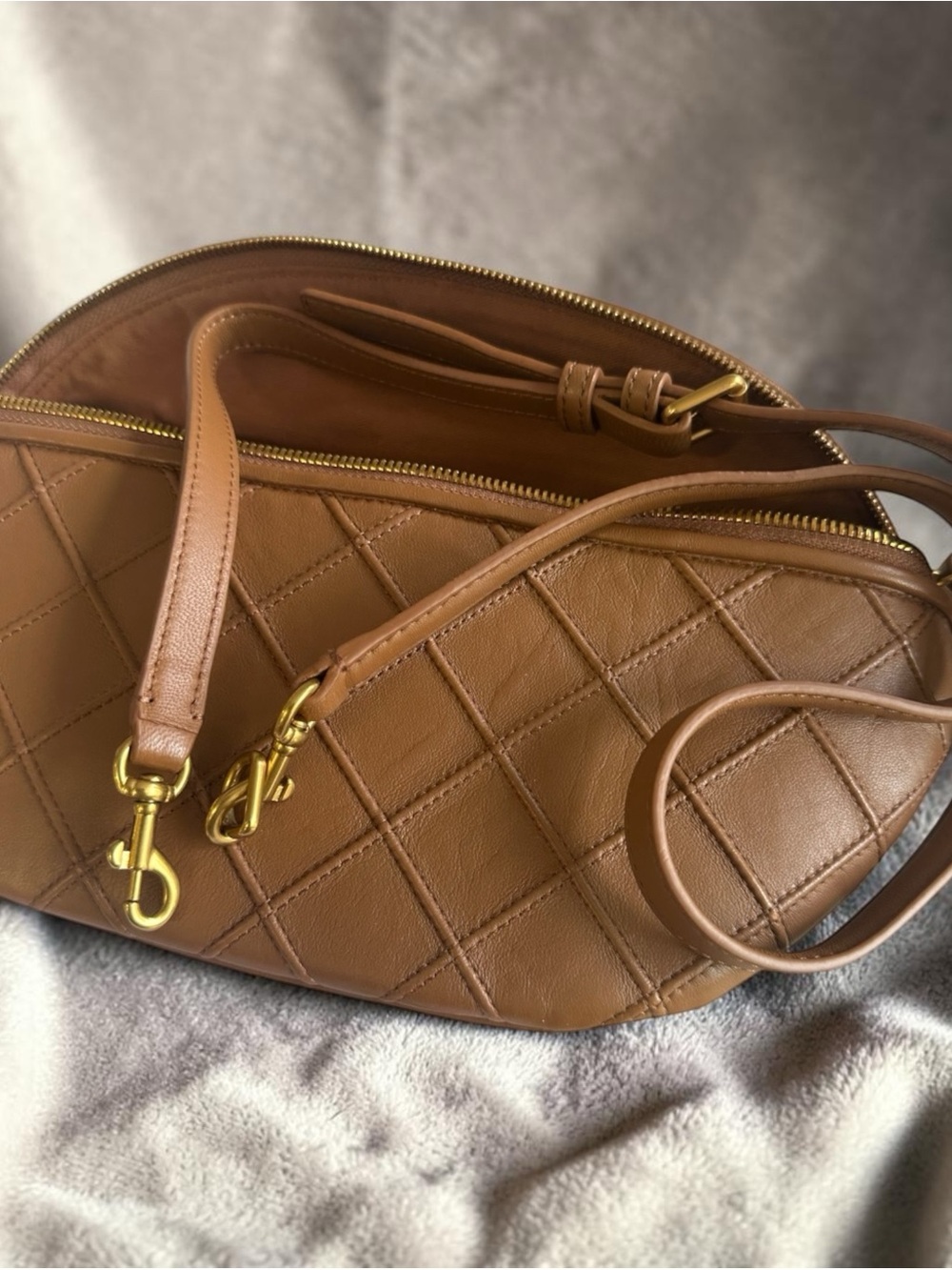 Quince Tan Quilted Leather Shoulder Bag with Gold Hardware